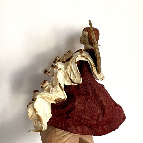 Vintage Christmas Tree Topper Angel Hand Painted Wine Red Dress Red Hair - Picture 4 of 8